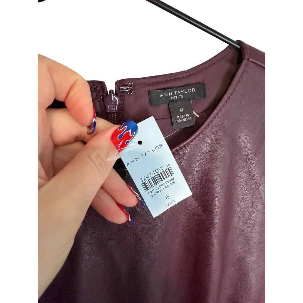 NWT Ann Taylor Petite Faux Leather Flounce Hem Dress Burgundy Wine 6 Work Office